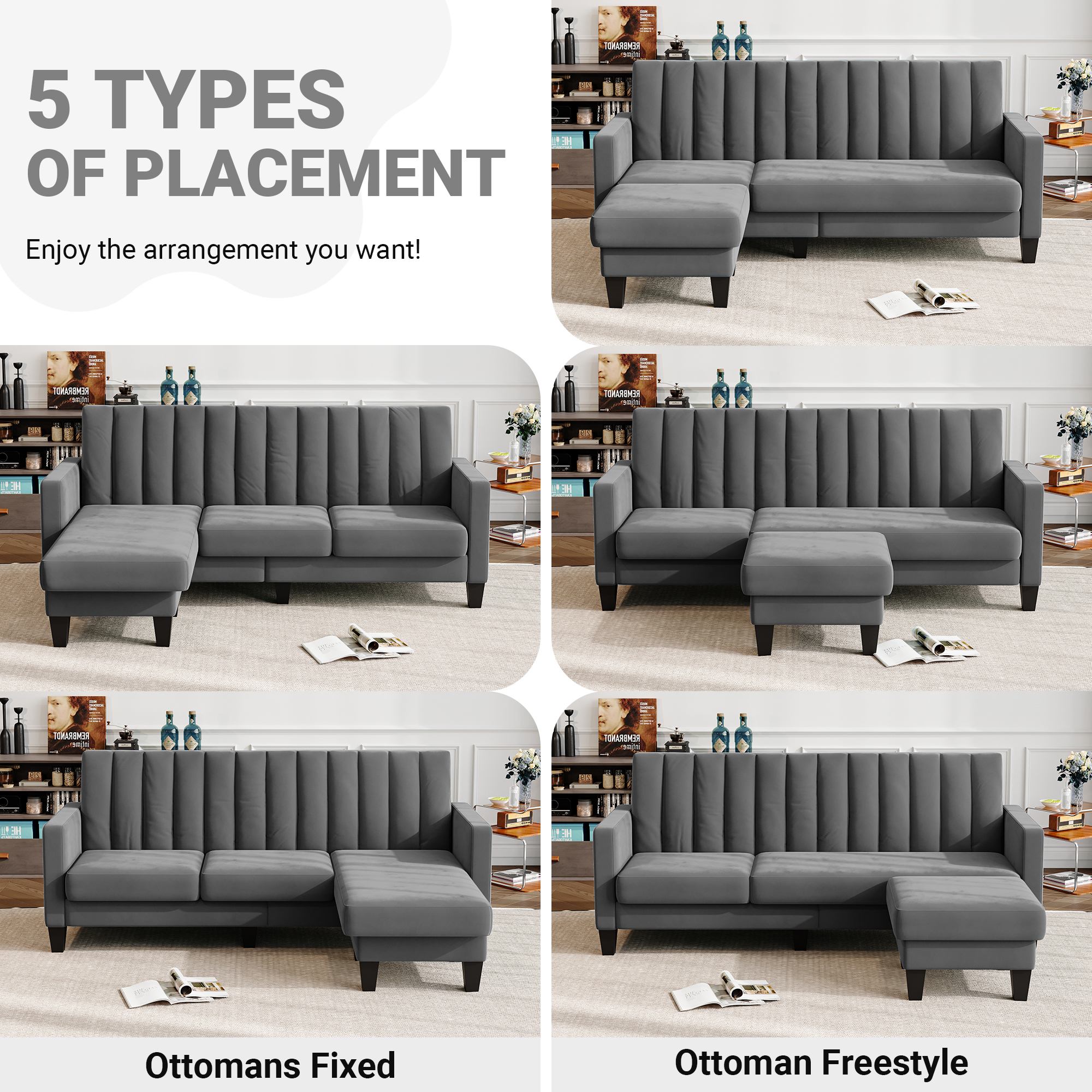 Curated visual reference: Visual Reference: 82 Sectional Sofa With Ottoman Neche Velvet Reversible Sectional Couch