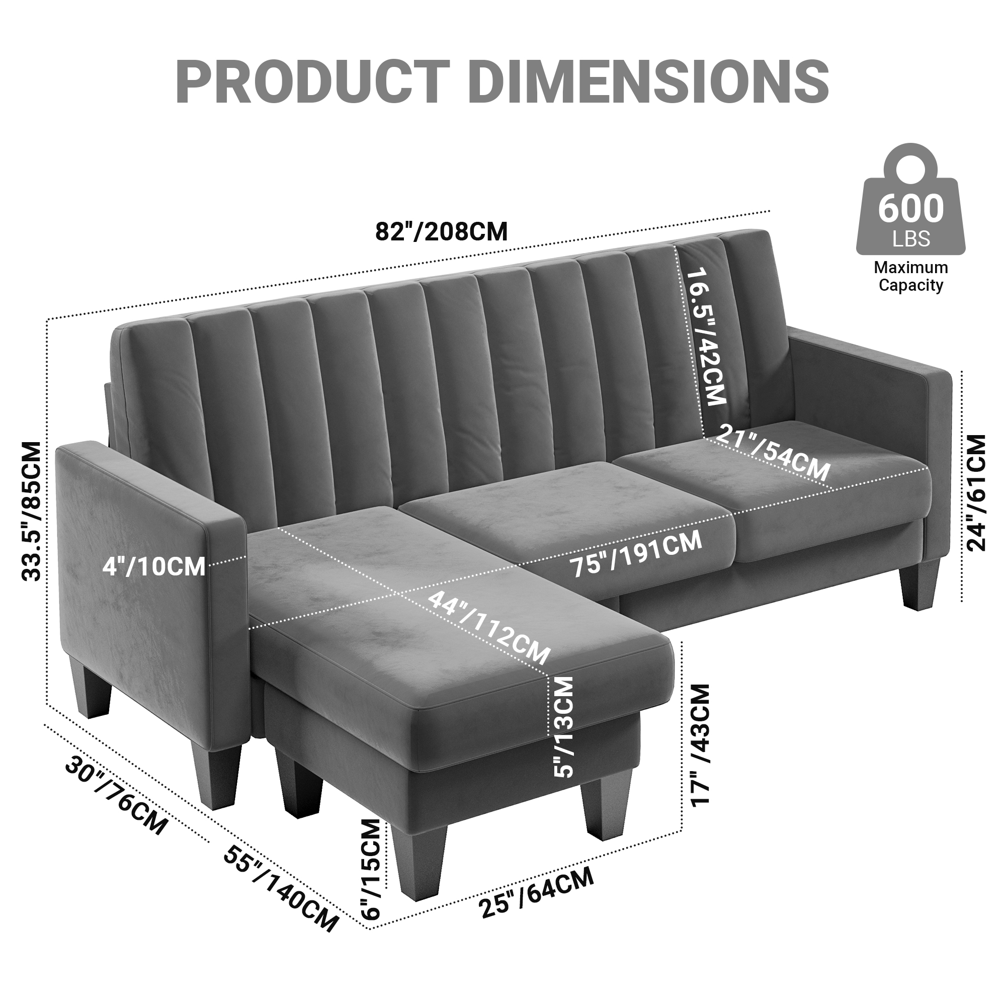 Gallery Detail: 82 Sectional Sofa With Ottoman Neche Velvet Reversible Sectional Couch