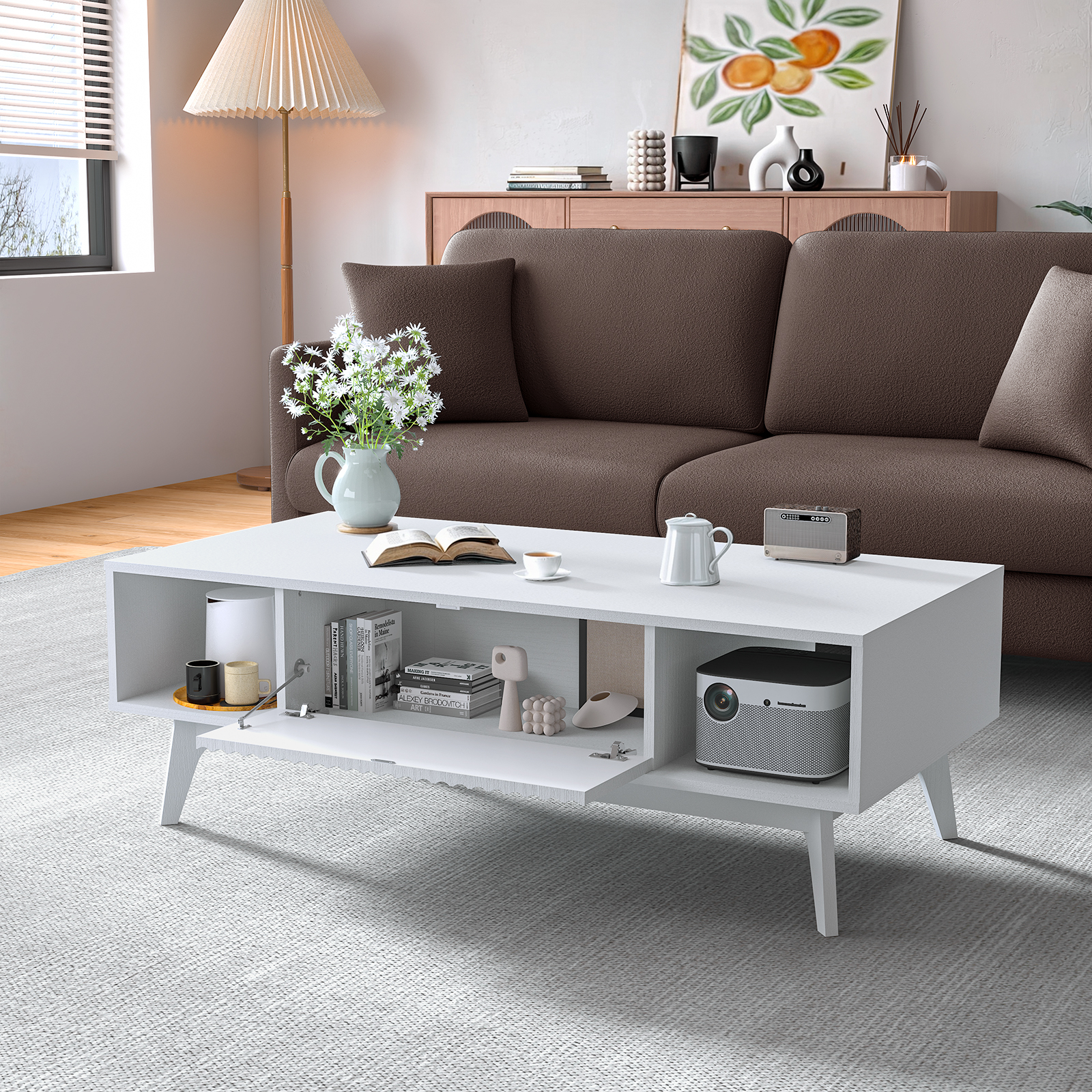 39.4″ Fluted Coffee Table with Storage, Mid Century Modern Coffee Table ...