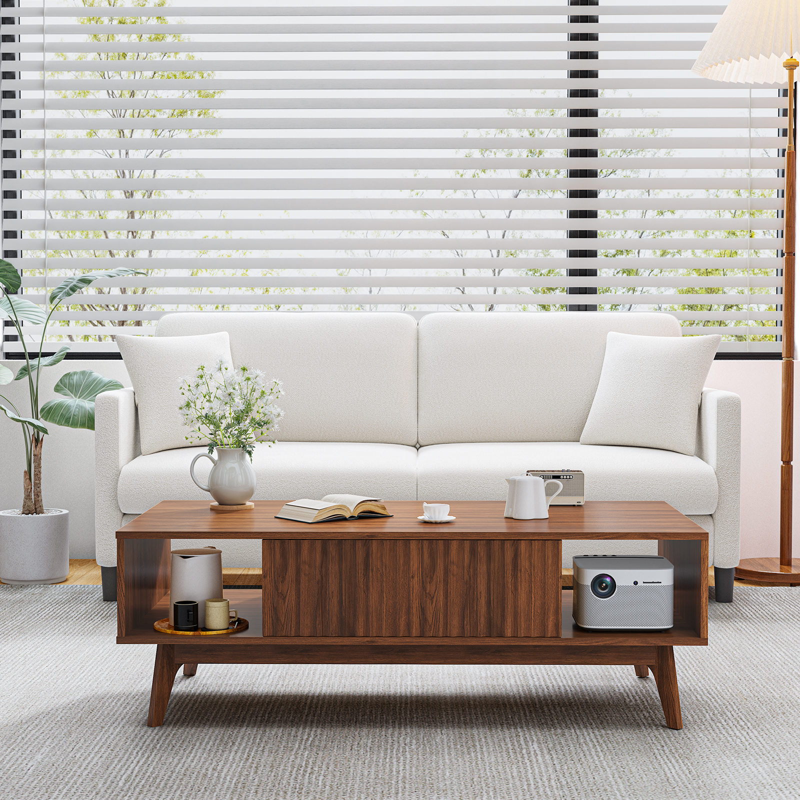 39.4″ Fluted Coffee Table with Storage, Mid Century Modern Coffee Table ...