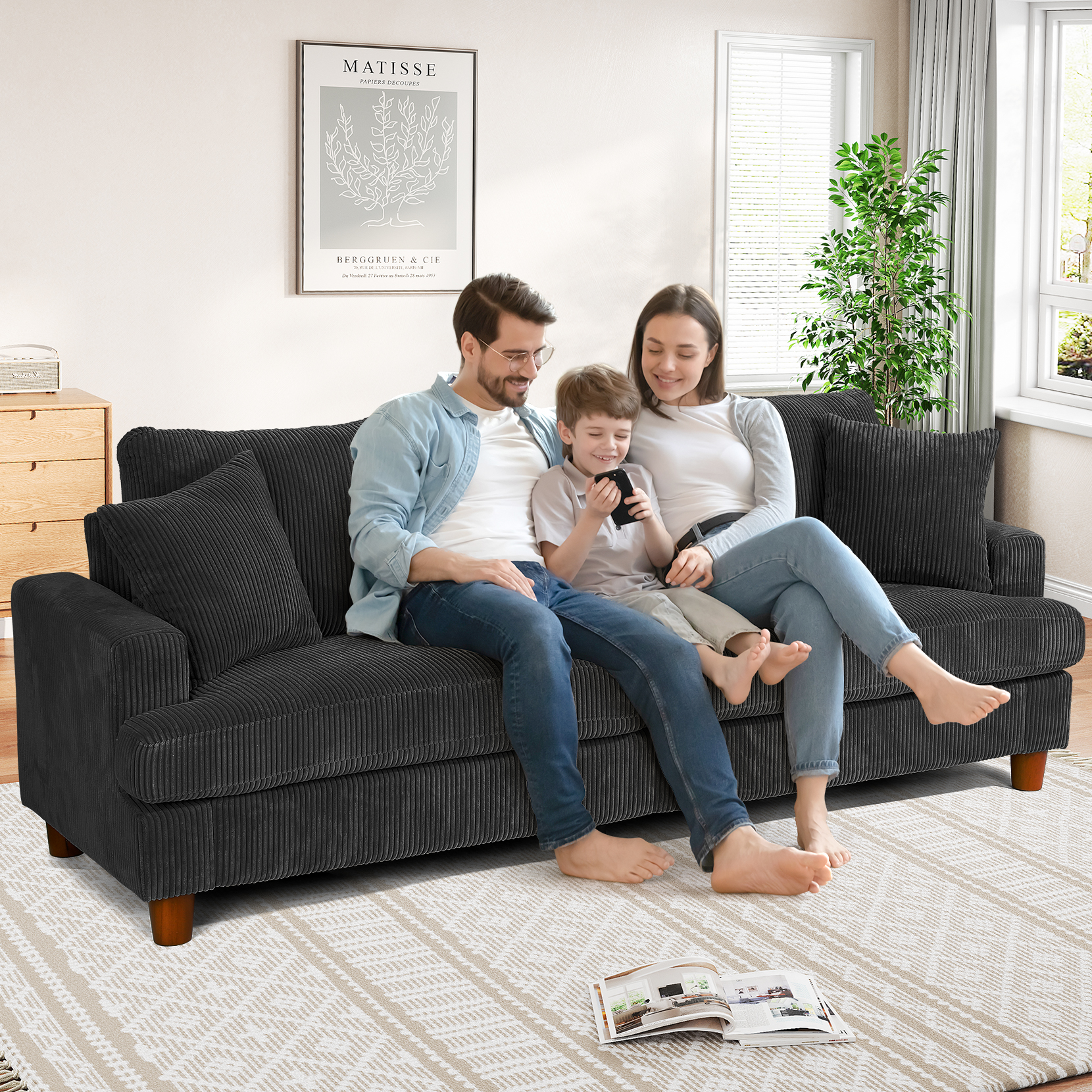 Neche 87 Inch Corduroy 3 Seater Sofa, Solid Wood Frame, Luxury and ...
